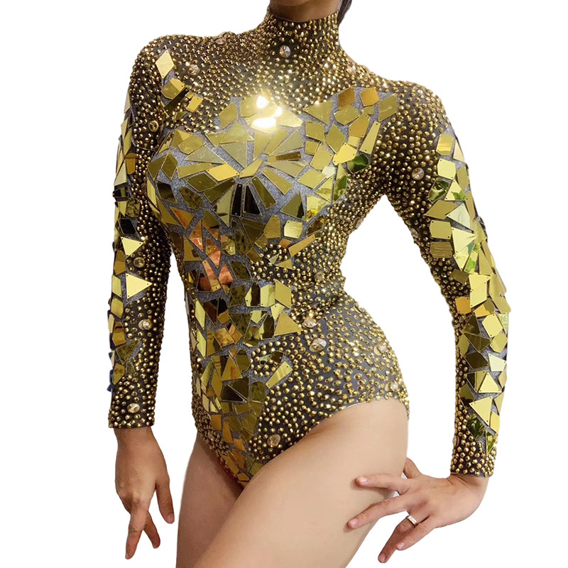 Shining Gold Rhinestones Mirrors Bodysuit Women's Birthday Celebrate Party Outfit DS Bar Singer Dancer Show Performance Costume