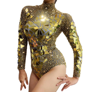 Shining Gold Rhinestones Mirrors Bodysuit Women's Birthday Celebrate Party Outfit DS Bar Singer Dancer Show Performance Costume