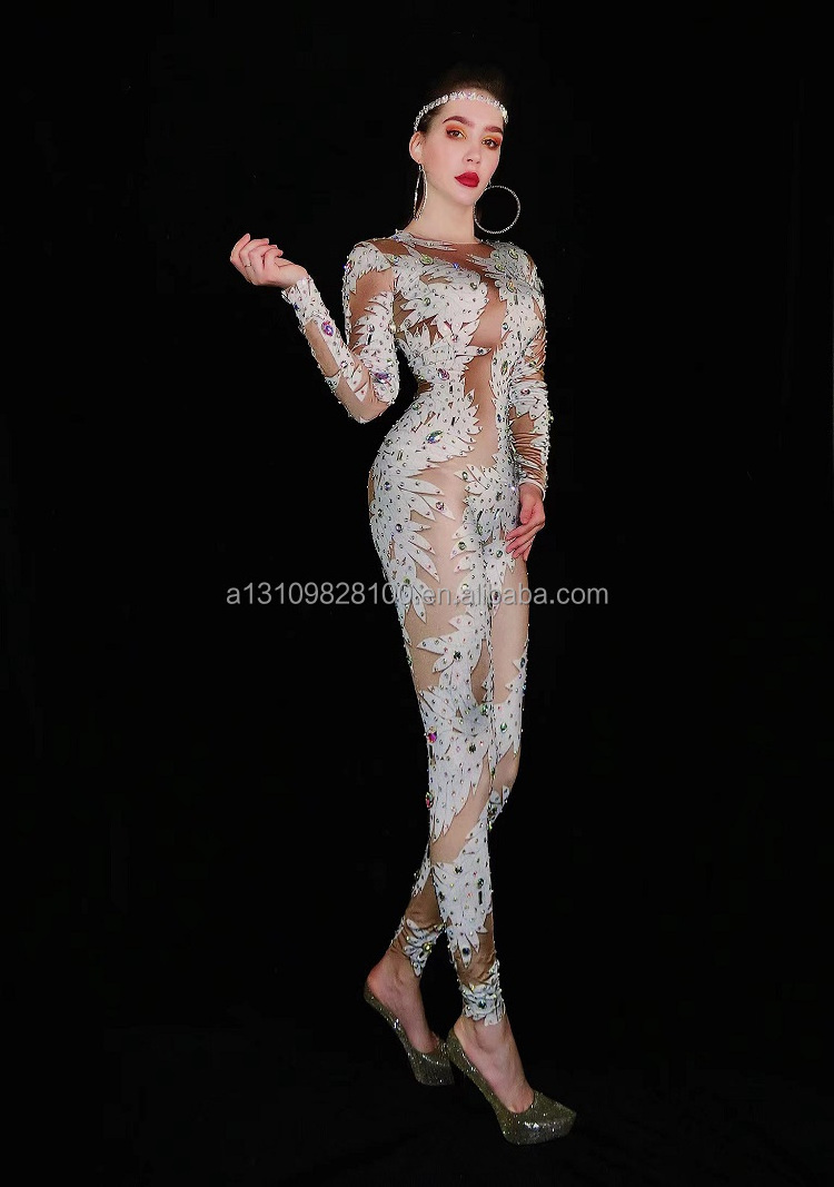 Singer Nightclub Dj Car Model Sexy Fashion Rhinestone White Grape Print One-Piece Dance Stage Adult Costumes