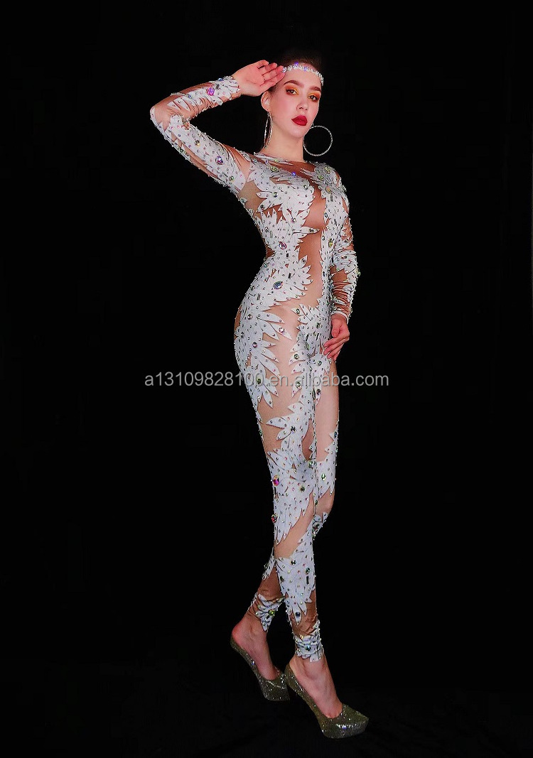 Singer Nightclub Dj Car Model Sexy Fashion Rhinestone White Grape Print One-Piece Dance Stage Adult Costumes