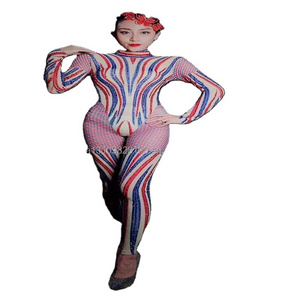 Costume sexy exaggerated stripe mesh print jumpsuit bar GOGO costume