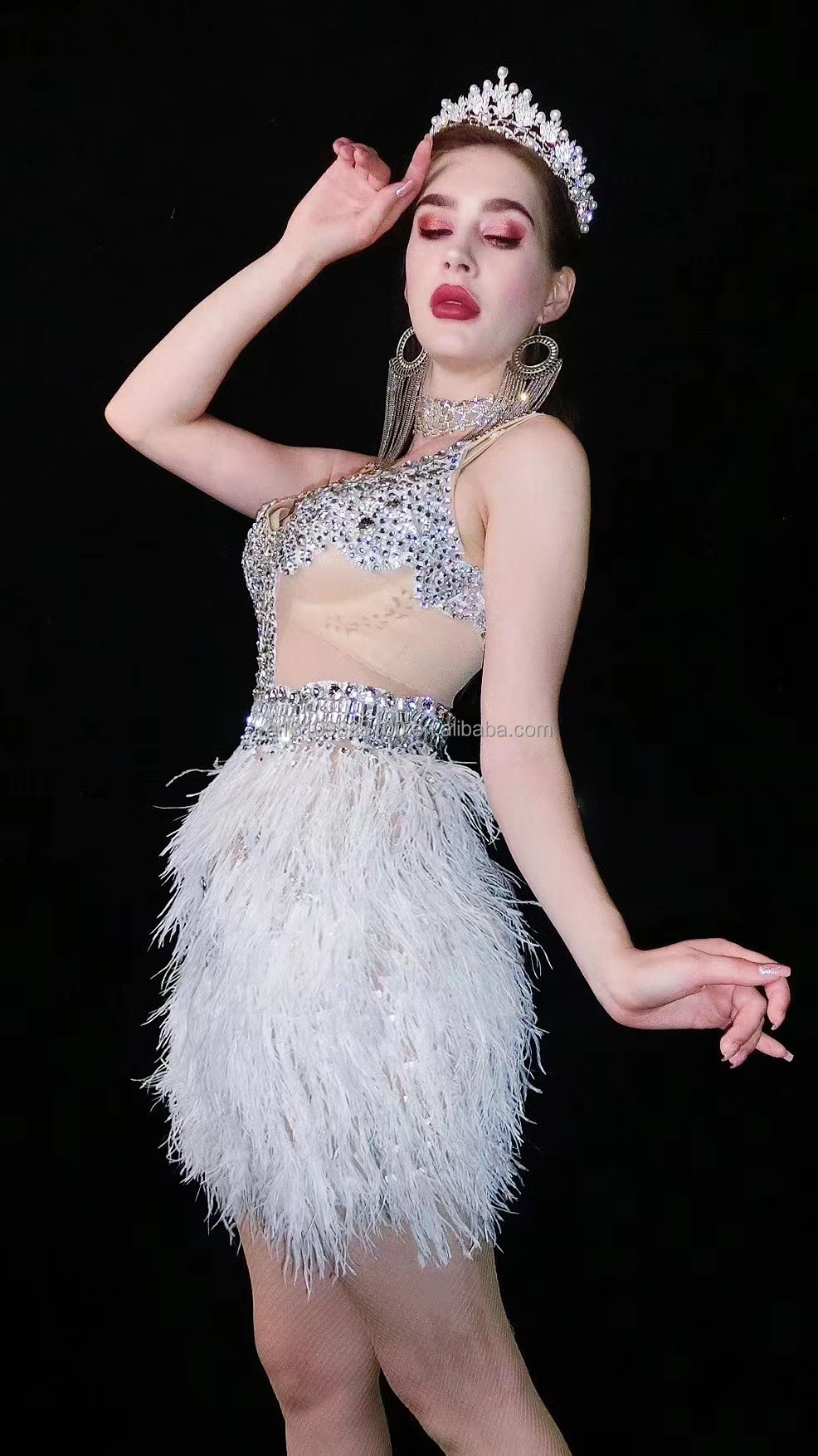 Glitter diamond white ostrich fur flesh dress bar commercial singer Ds guest dance team dance costume