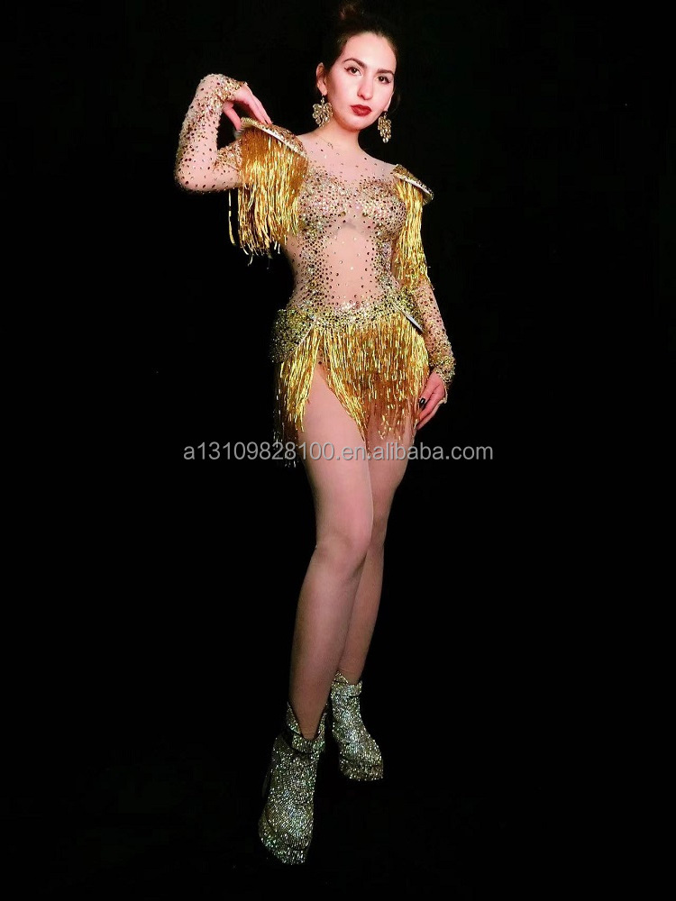 Gold and diamond tassel wrapped tight sexy jumpsuit women's group dance costume GoGO costume