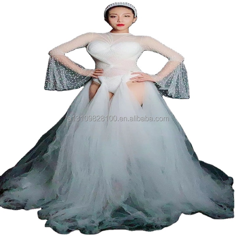 Micro-transparent long skirt female song super fairy white yarn trumpet sleeve DjDs dance group gogo costume hosting model