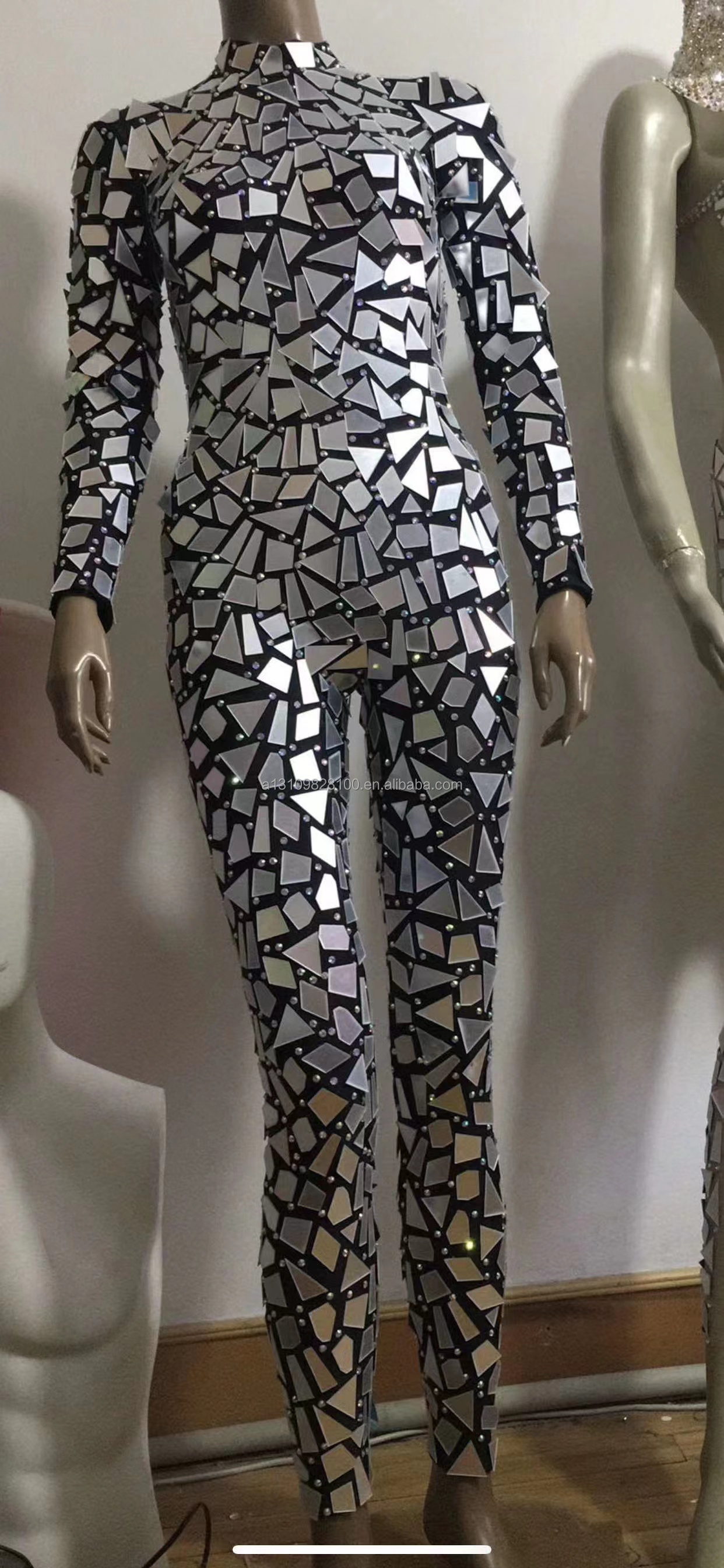 High-end custom magic mirror silver dress one-piece trousers nightclub bar singer female gogo dance host model costumes