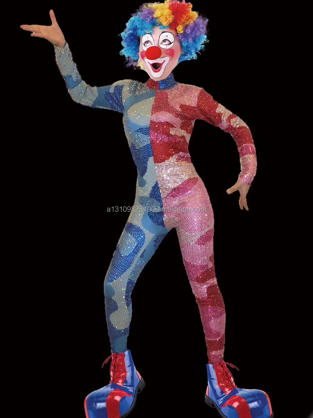 Sitcom dance party clown jumpsuit plays styling stage performance