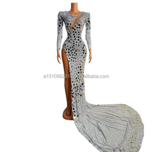 Car model catwalk female host female guest dress skirt perspective sexy one-piece long dress multi-color mirror sequins costumes