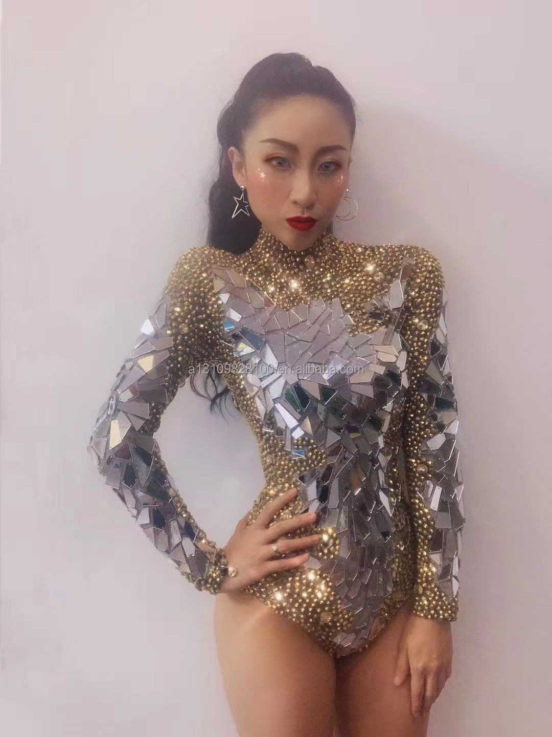 Shining Gold Rhinestones Mirrors Bodysuit Women's Birthday Celebrate Party Outfit DS Bar Singer Dancer Show Performance Costume