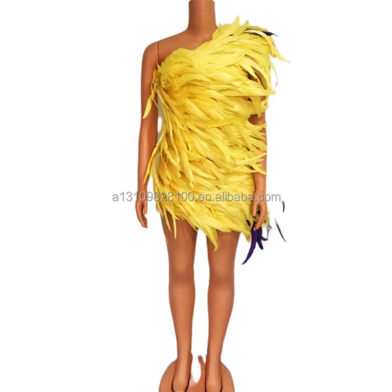 Sleeveless Yellow Feather Dress Tight Sexy Bag Buttocks Summer Female Stage Performance Dress Net Red Singer