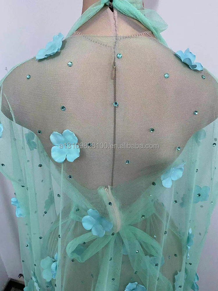 Blue 3d Flower mermaid long Dress rhinestone sexy transparent Women Birthday Costume Prom Tail Dresses Evening Party wedding