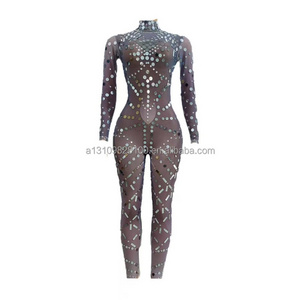 Classic Sequin One Piece Tight Pants with High Elastic Fabric Silver Mirror Bar Singer Performance Dress