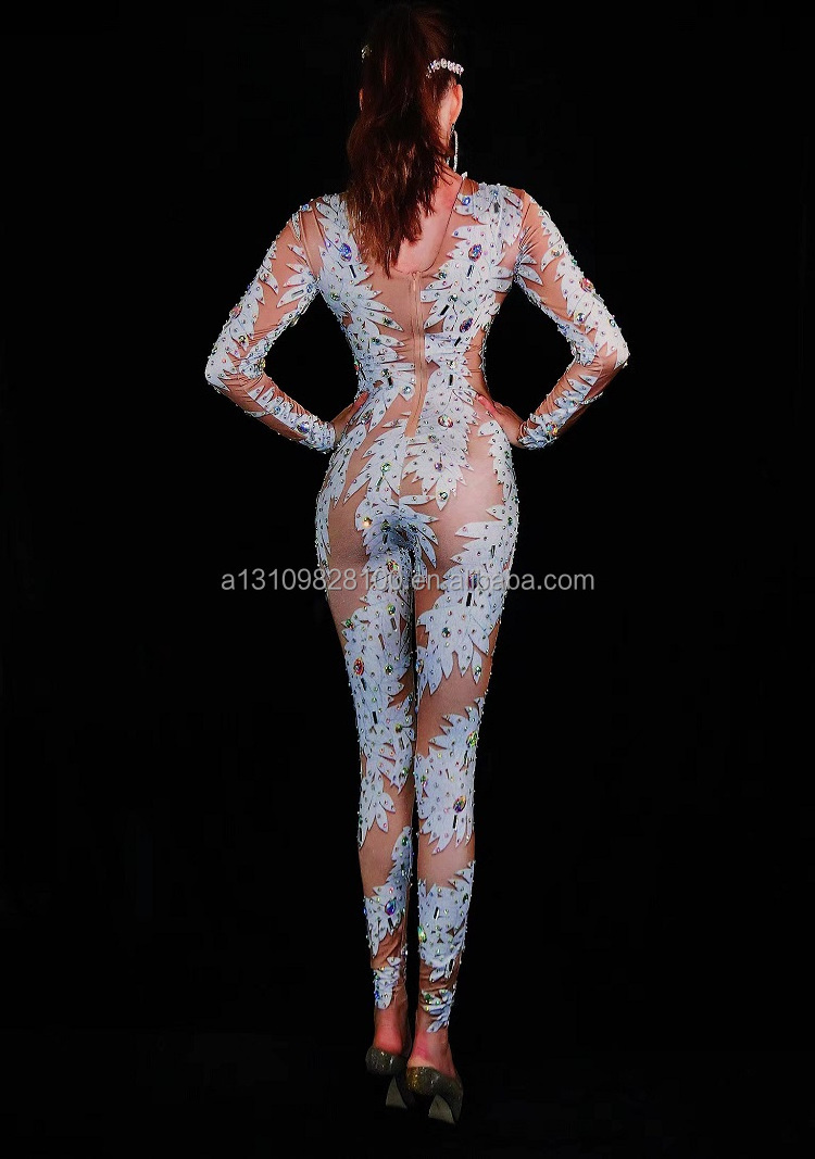 Singer Nightclub Dj Car Model Sexy Fashion Rhinestone White Grape Print One-Piece Dance Stage Adult Costumes