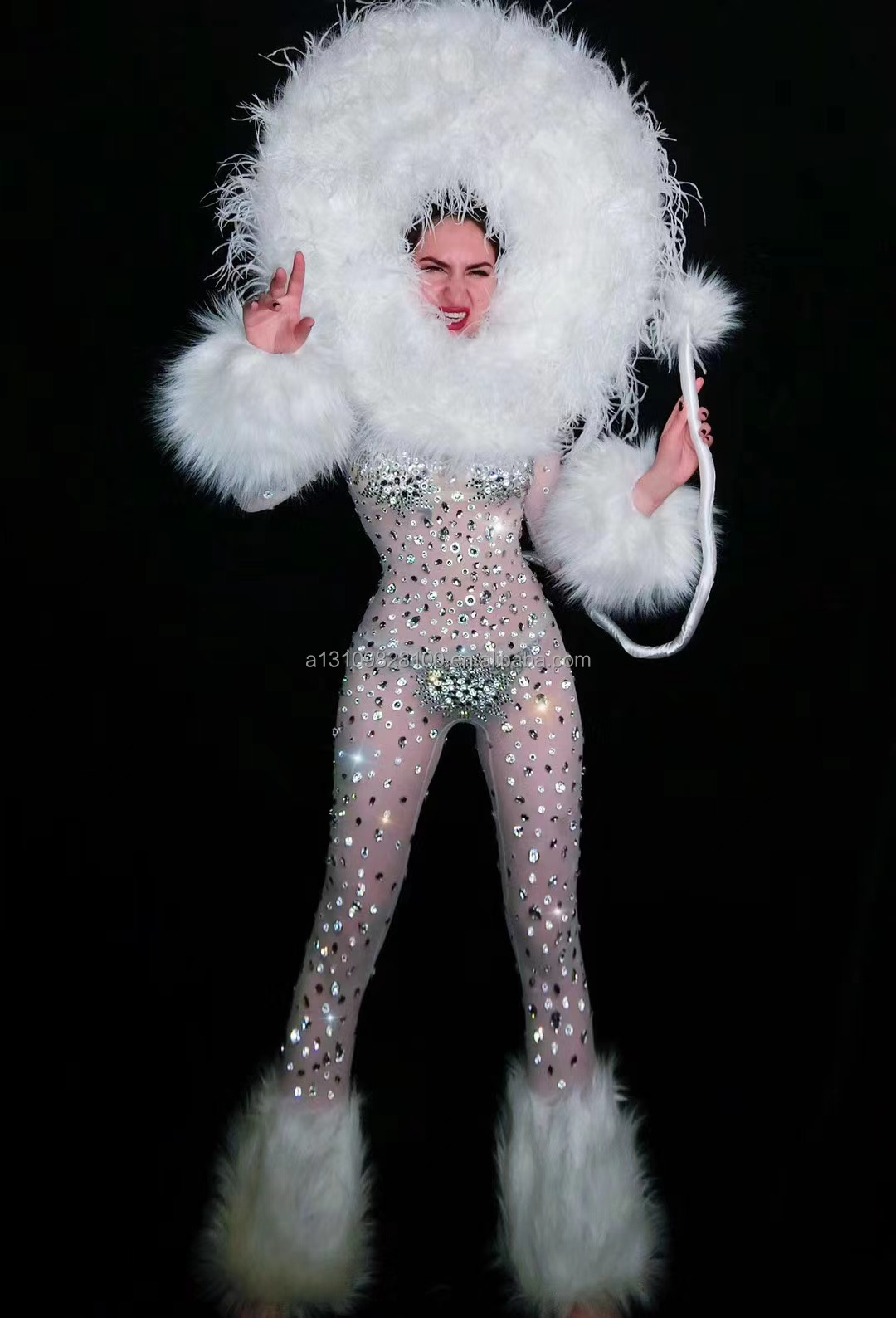 Bar Female Singer Dance Team Halloween Event Full of Diamond Perspective Jumpsuit VIP Lion Costume