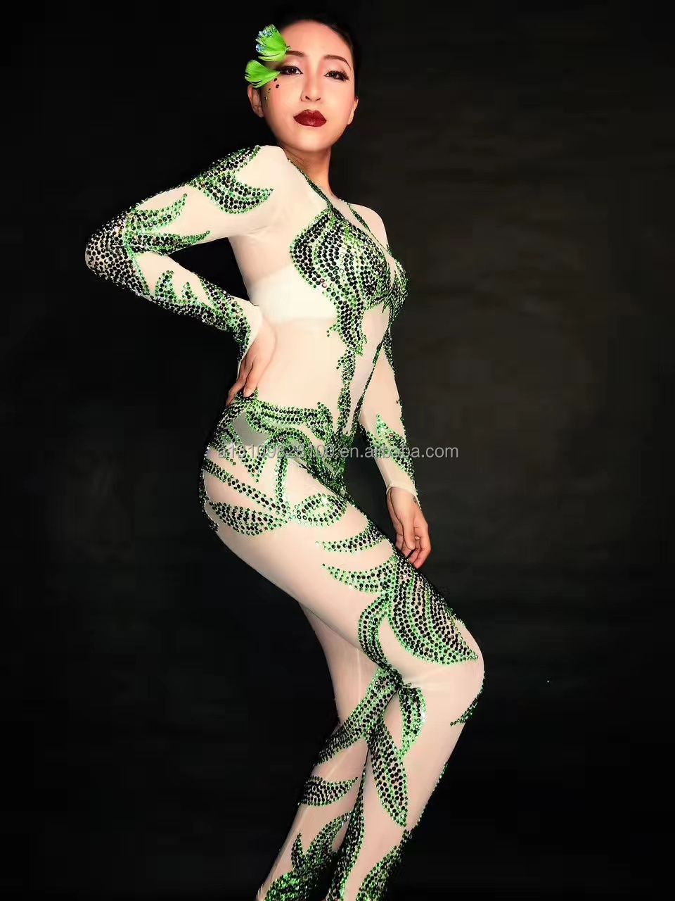 Green leafy cabbage one-piece costume tight sexy stage