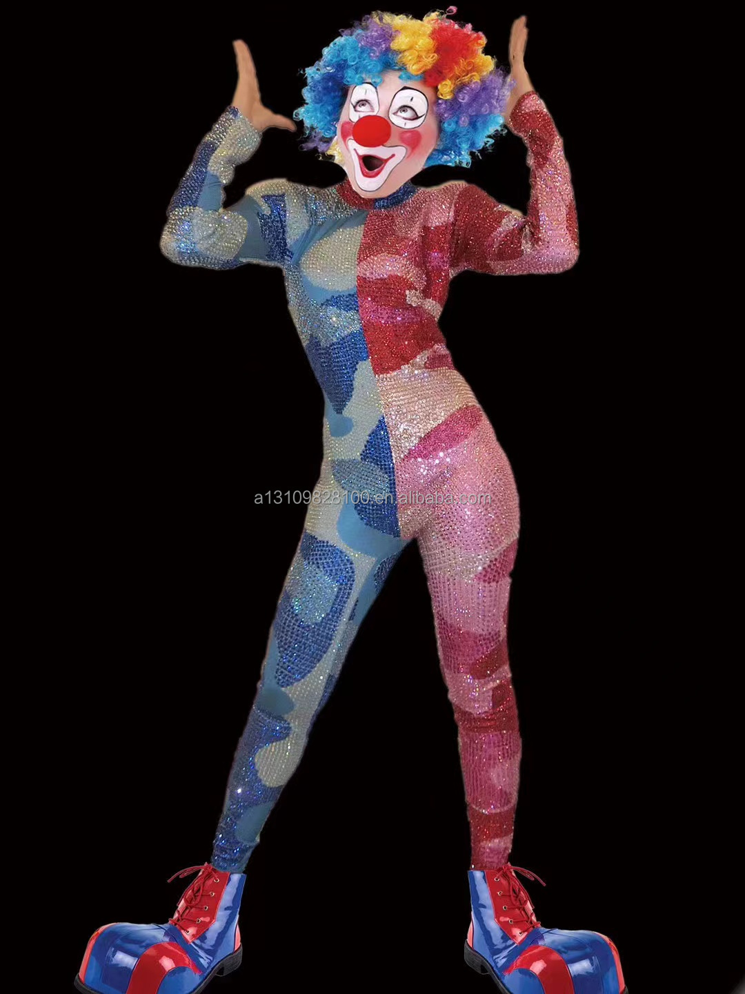 Sitcom dance party clown jumpsuit plays styling stage performance