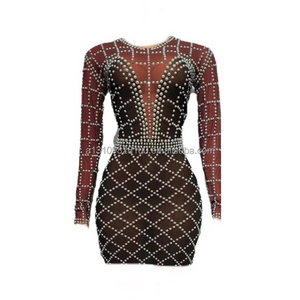 Xihe Temperament Socialite Tight Fitting Sexy Perspective Sparkling Rhinestone Dress Party Performance Costumes