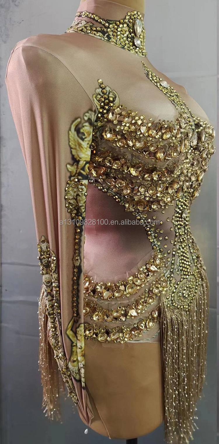 Nightclub Bar Golden Tassel Full Diamond Long-Sleeved Jumpsuit Female Singer Dance Team Model Host Costumes