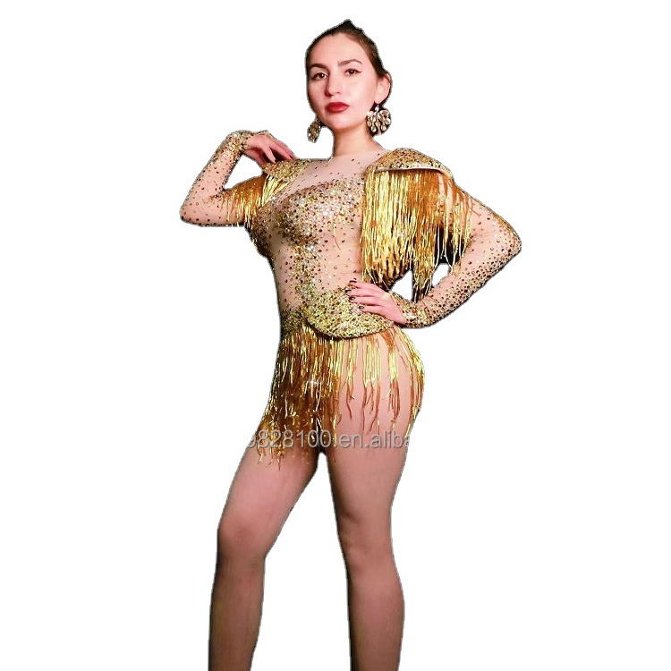 Gold and diamond tassel wrapped tight sexy jumpsuit women's group dance costume GoGO costume