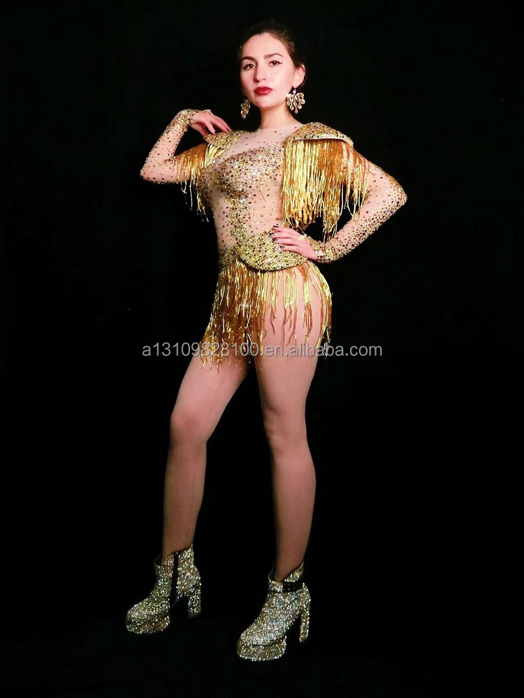 meat golden diamond tassel jumpsuit women's song DjDs dance team gogo costume