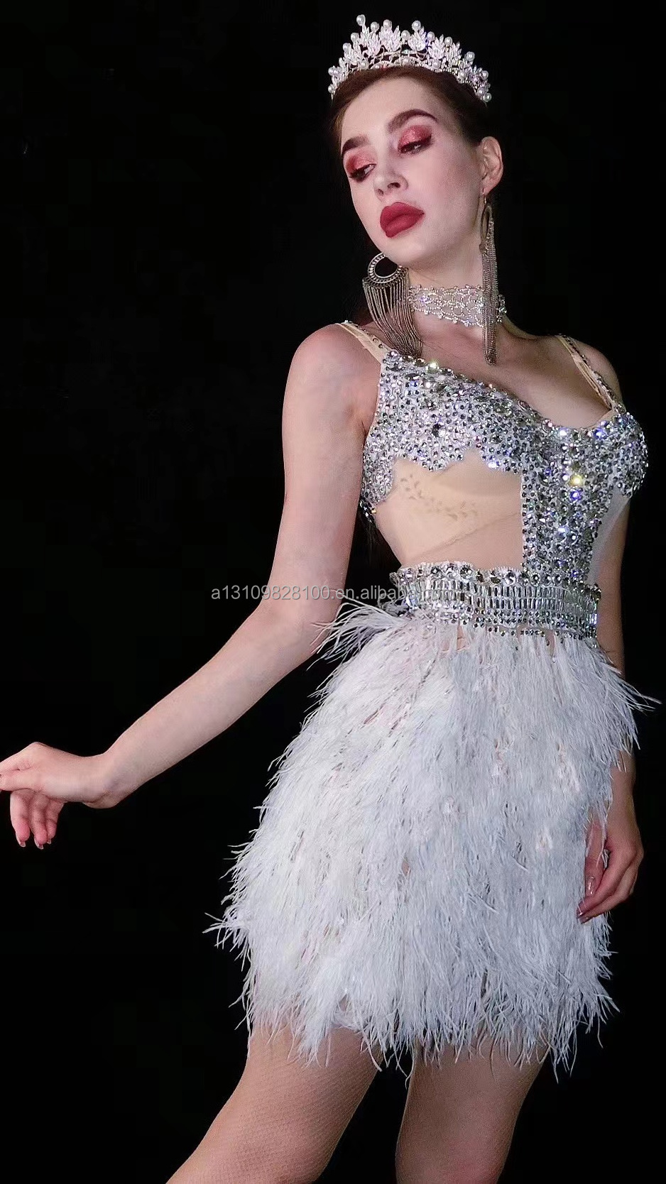 Glitter diamond white ostrich fur flesh dress bar commercial singer Ds guest dance team dance costume