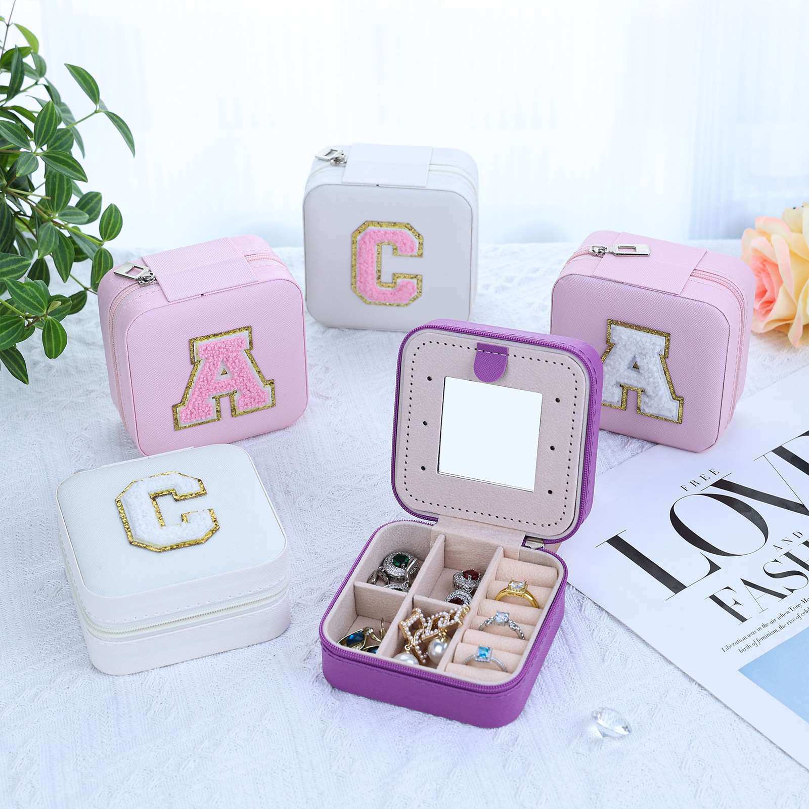 PU Leather Creative English Letter Jewelry Box Portable Waterproof Earrings Rings Necklaces Storage Boxes