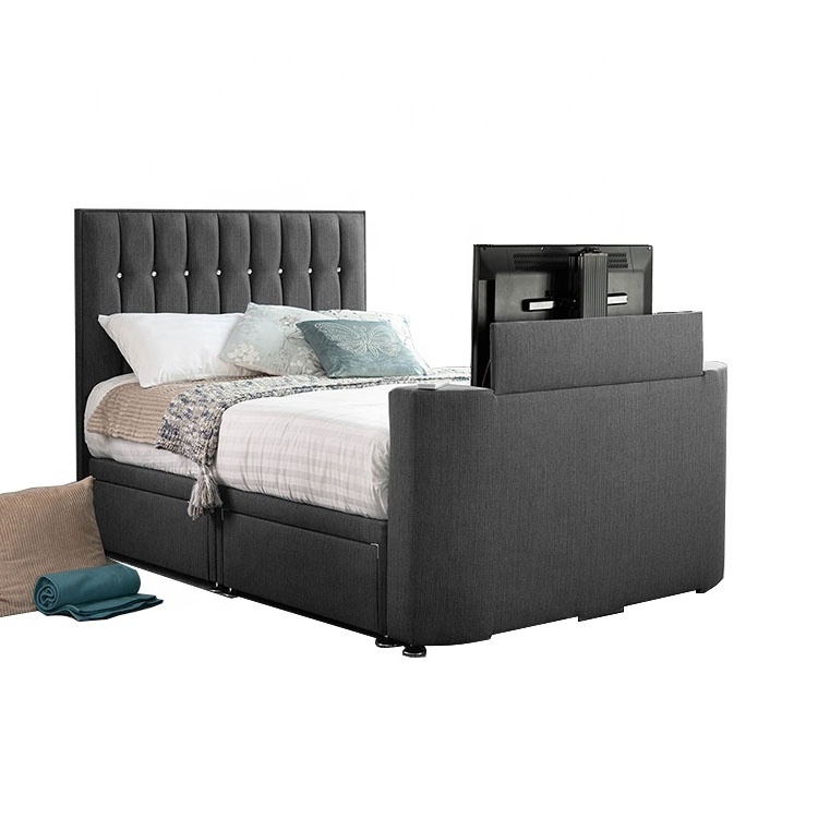 fabric upholstered black ottoman beds frame TV beds with tv in footboard