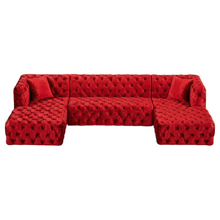 Wholesale Modern Luxury Living Room Furniture L shape sofas Button Red Velvet Tufted U Shape Sectional Sofa Set With Two Chaise