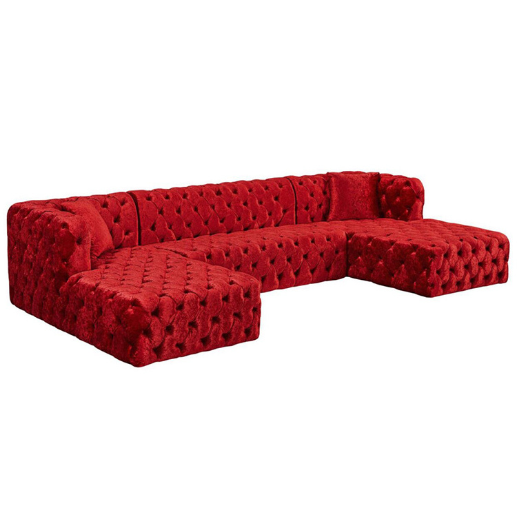 Wholesale Modern Luxury Living Room Furniture L shape sofas Button Red Velvet Tufted U Shape Sectional Sofa Set With Two Chaise