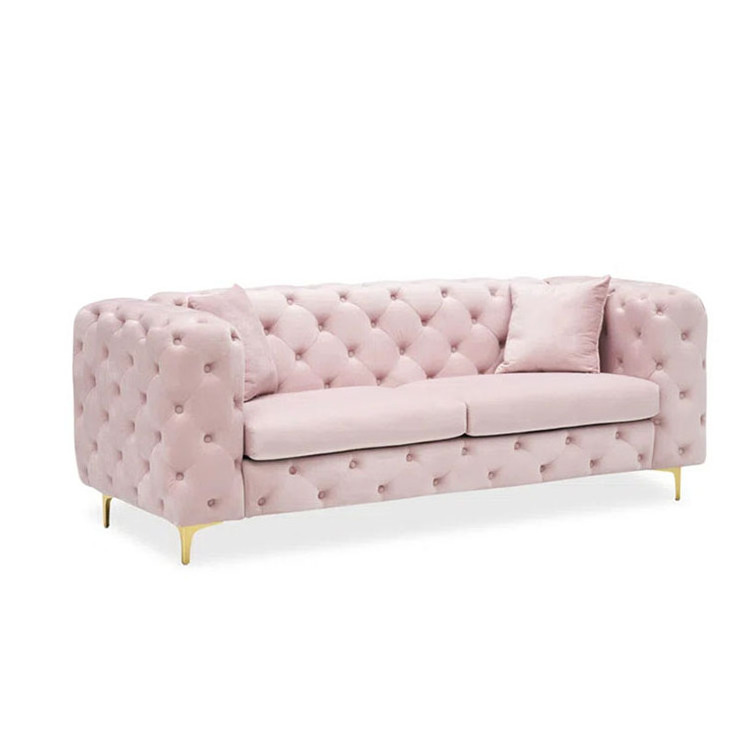 Modern Design Pink Sofa With Gold Diamond Crystal Button Furniture Metal Chesterfield Velvet Tufted Couch