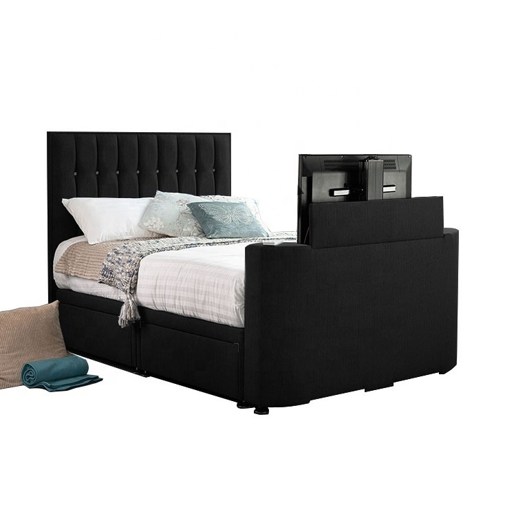 fabric upholstered black ottoman beds frame TV beds with tv in footboard