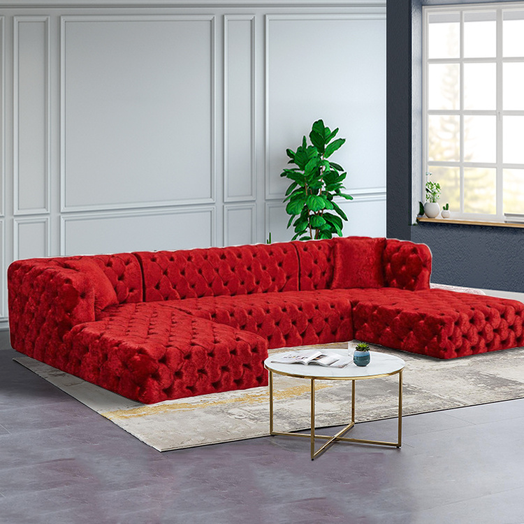 Wholesale Modern Luxury Living Room Furniture L shape sofas Button Red Velvet Tufted U Shape Sectional Sofa Set With Two Chaise