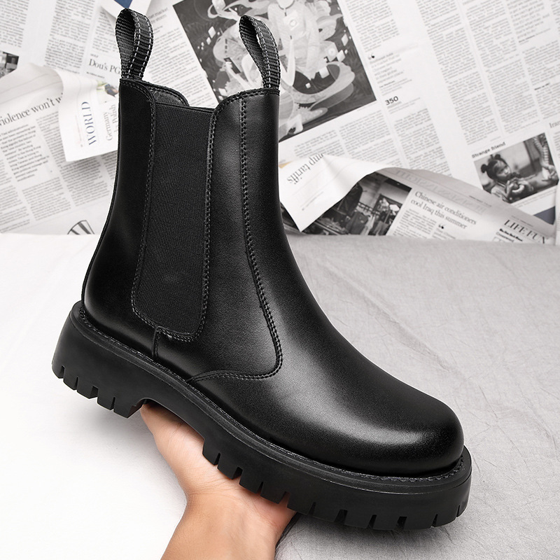 2023 Autumn And Winter New Cotton Boots Leather Men's Shoes Thick Soles High Top Black Martin Boots Men's Slip on Leather Boots