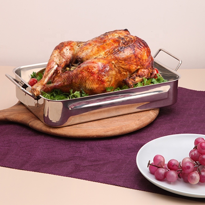 Christmas hot selling outdoor stainless steel turkey baking tray roasting square roast chicken roaster pan with cooling rack