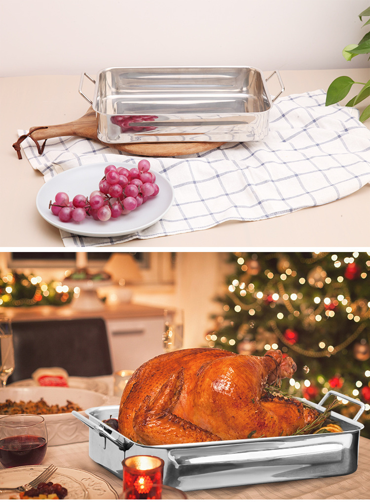 Christmas hot selling outdoor stainless steel turkey baking tray roasting square roast chicken roaster pan with cooling rack