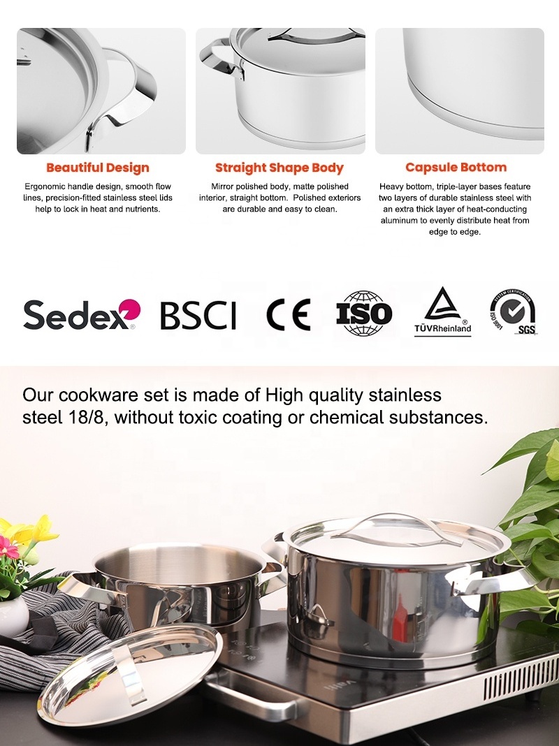 Kitchen manufacturer 18/10 utensils induction capsule bottom cooking pot cookware sets stainless steel kitchenware