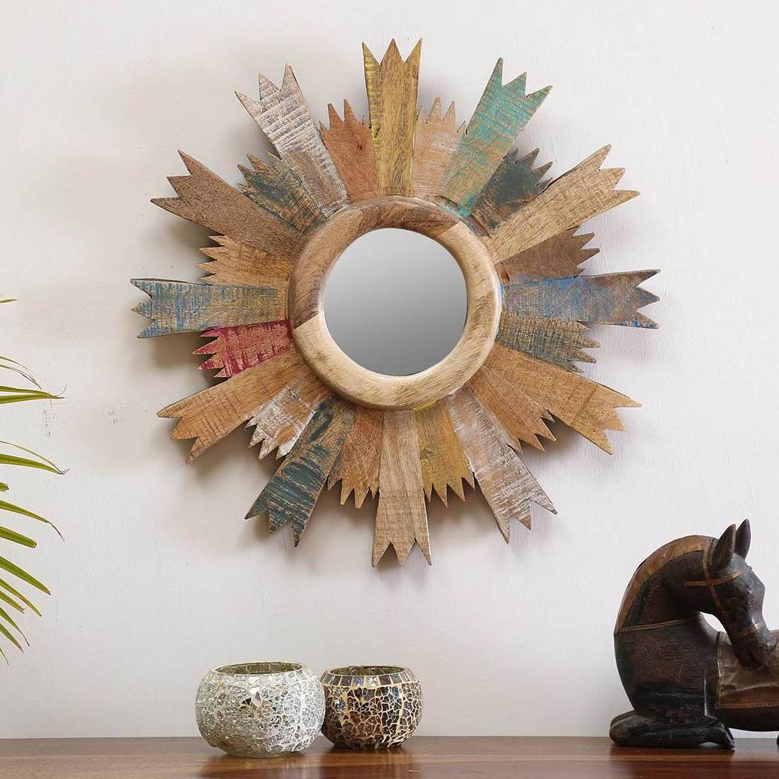 Round Wooden Antique Mirror Solid Wood Modern Design Wall Hang Easy to Install Decorative Bedroom Looking Glass for Dressing