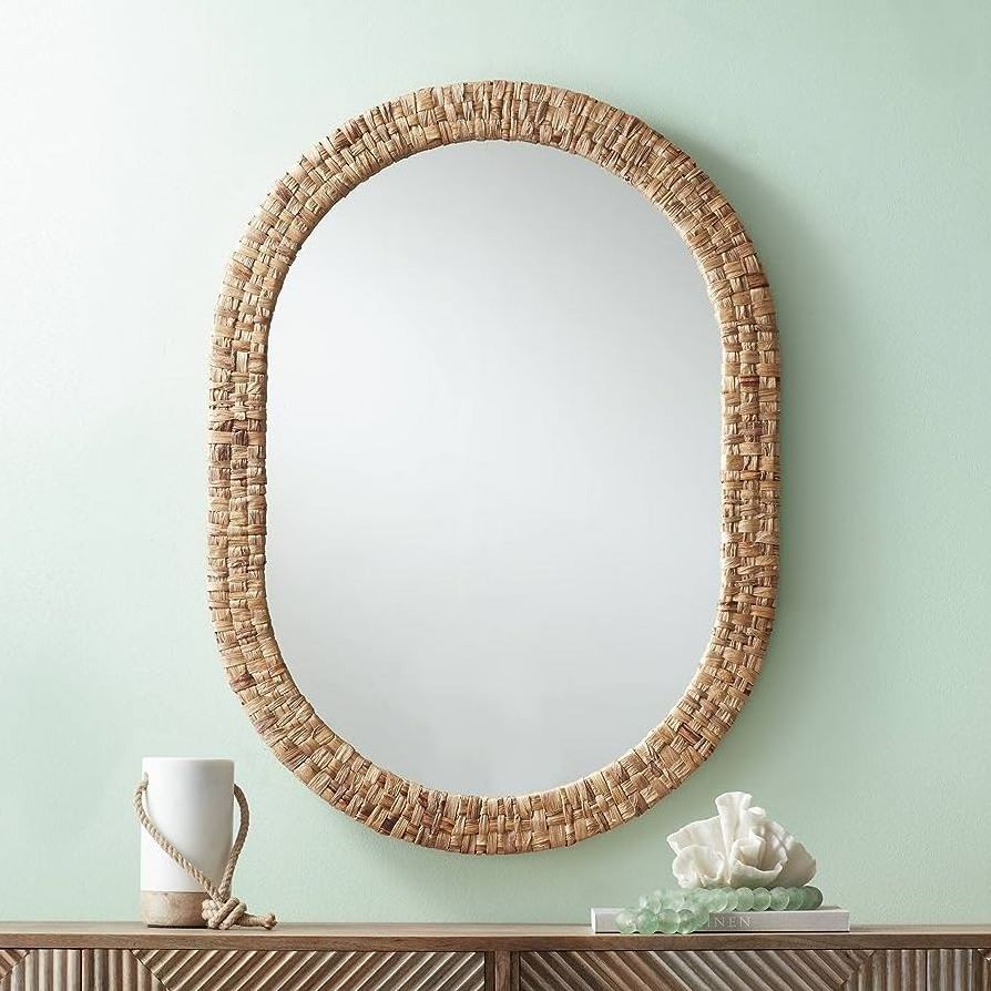 Round Wooden Antique Mirror Solid Wood Modern Design Wall Hang Easy to Install Decorative Bedroom Looking Glass for Dressing