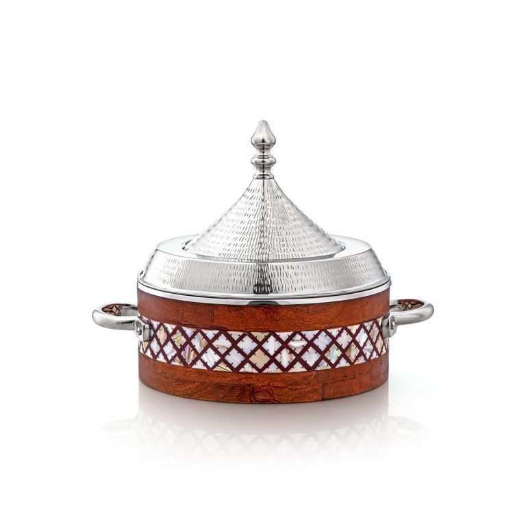 Arabic Style Wooden Body Casserole Hot Pot with Silver Polished Metal Lid Serving Buffet Casserole Middle East Culture