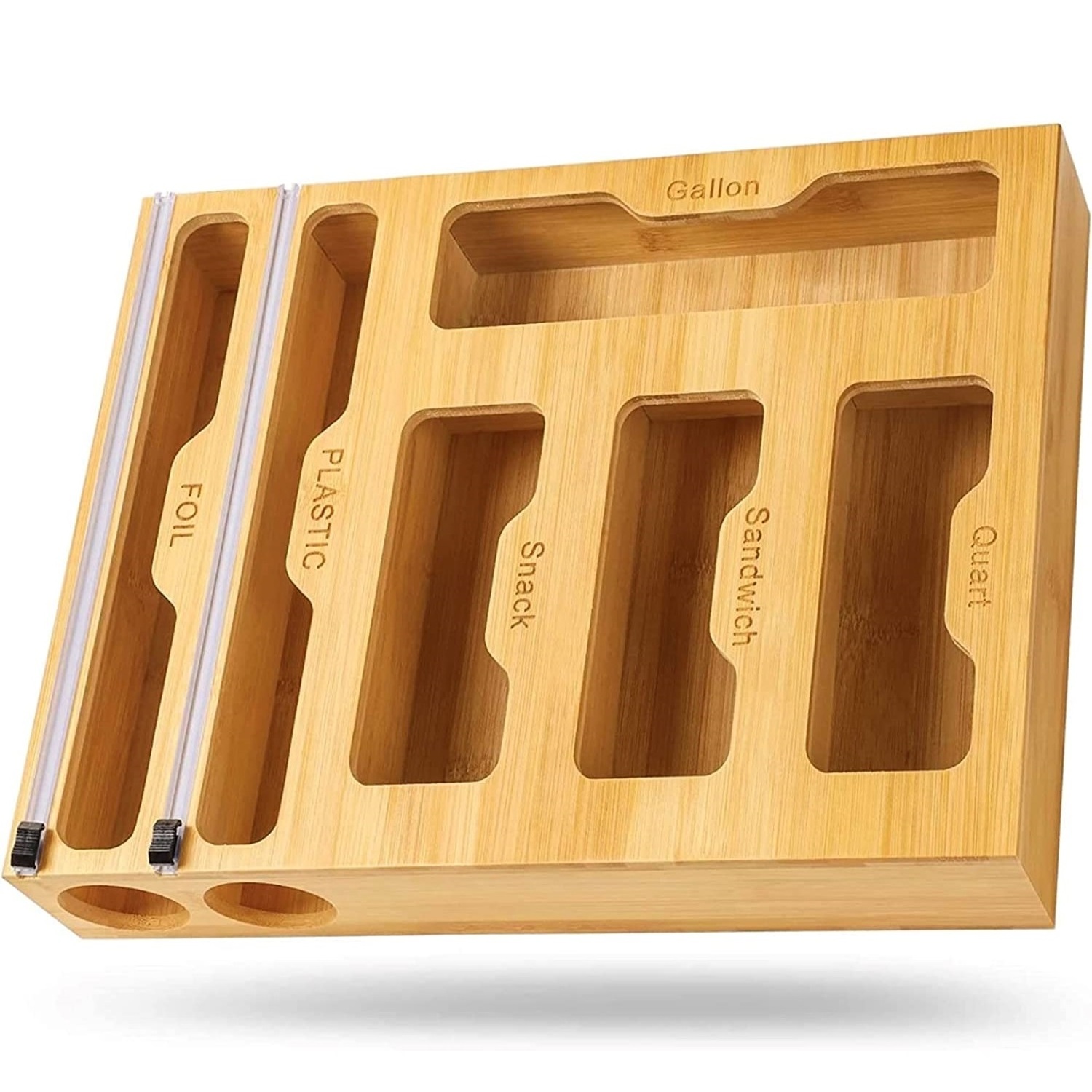 Wall Mounted Kitchen Wooden Drawer Organizers With Plastic Foil Wrap Dispenser Holder Bamboo Ziplock Bag Storage Organizer