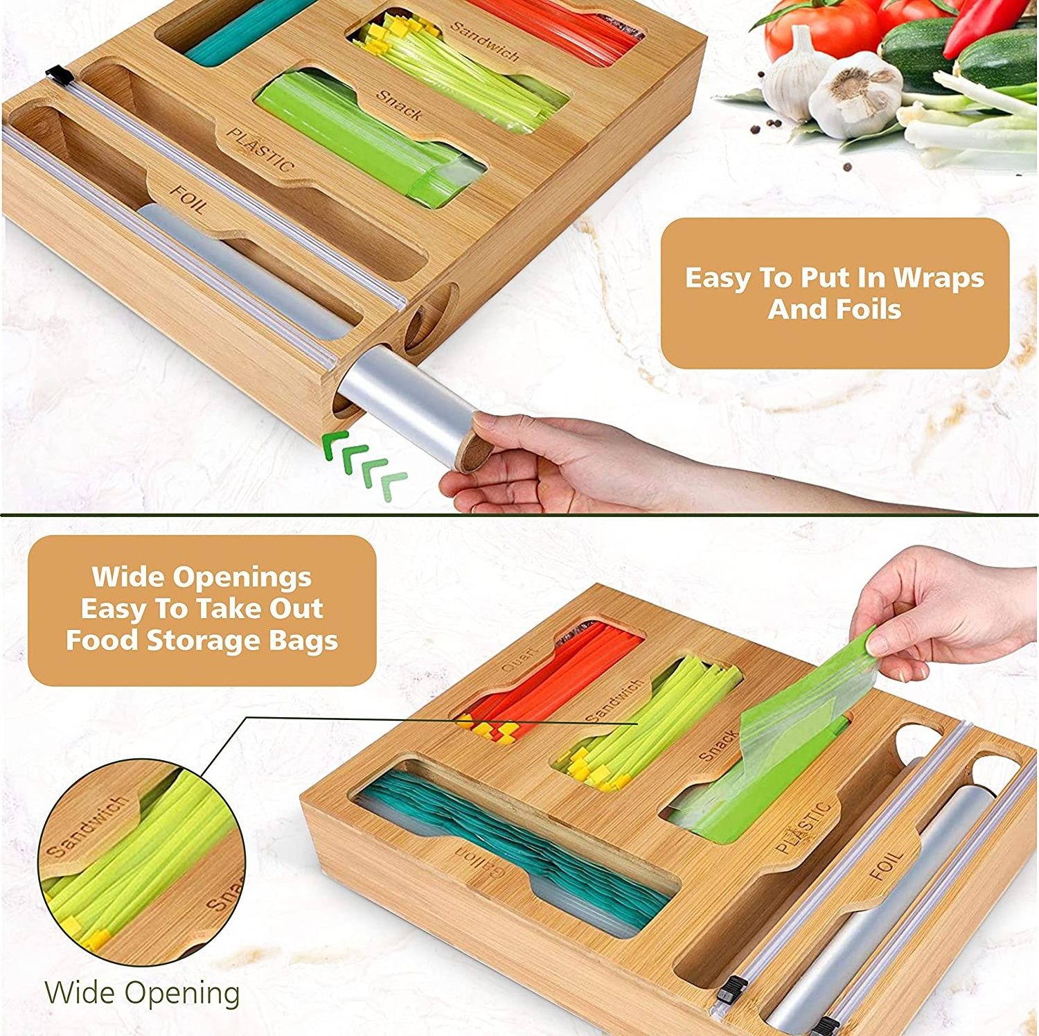 Wall Mounted Kitchen Wooden Drawer Organizers With Plastic Foil Wrap Dispenser Holder Bamboo Ziplock Bag Storage Organizer