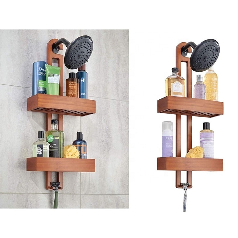 Wooden shower caddy shelf bamboo wall mounted hanging bathroom shower caddy