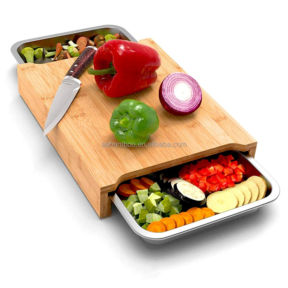 Large wood bamboo chopping cutting board with stainless steel tray