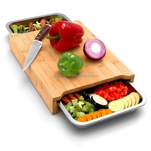 Large wood bamboo chopping cutting board with stainless steel tray