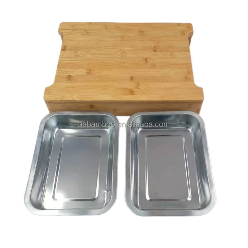 Large wood bamboo chopping cutting board with stainless steel tray