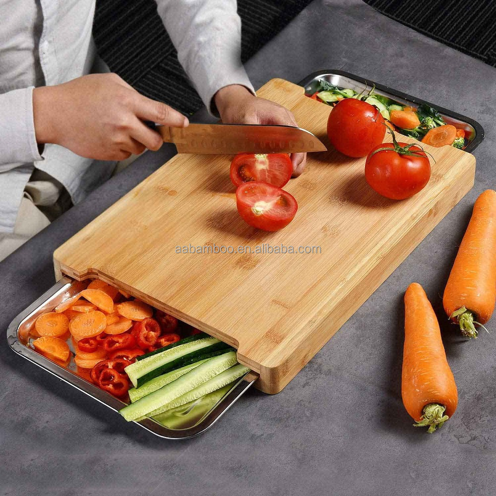 Large wood bamboo chopping cutting board with stainless steel tray