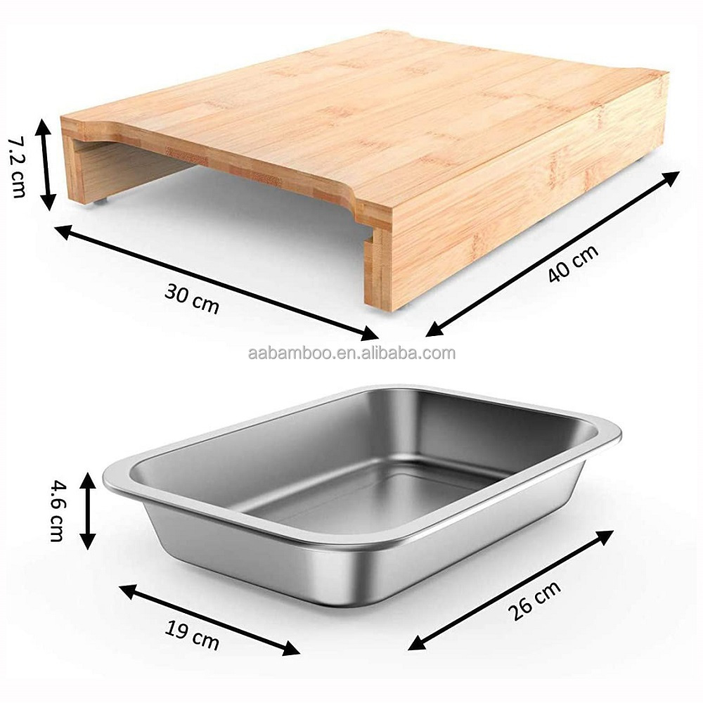 Large wood bamboo chopping cutting board with stainless steel tray