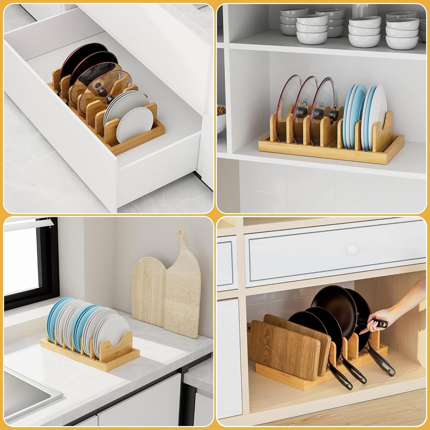 Countertop kitchen storage adjustable pan plate rack holder and bamboo lids pots organizer