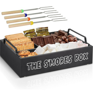 Bamboo smores stick set caddy for fire pit and smores roasting station bar holder wooden box