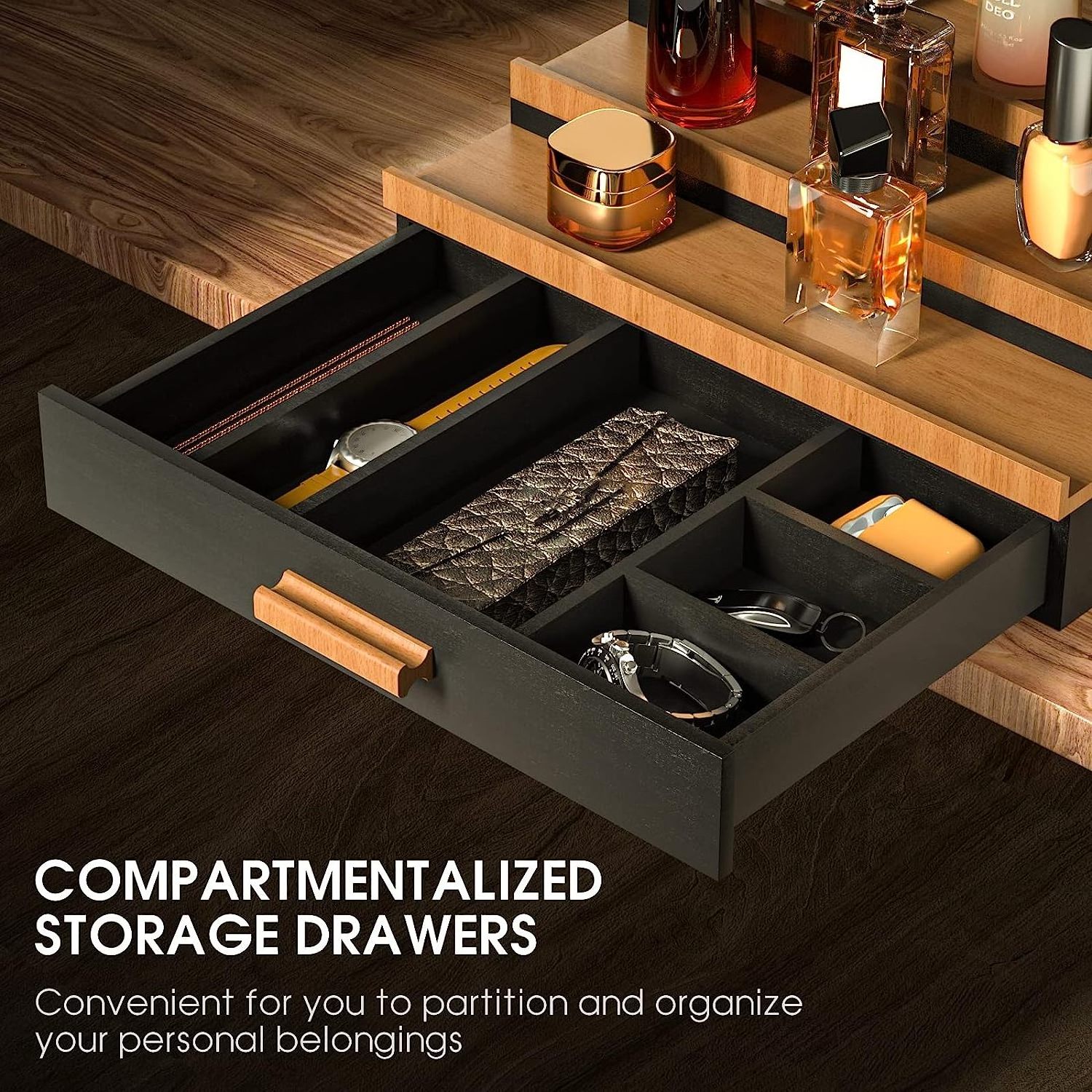 Custom bamboo elevated display shelf racks wooden cologne organizer for men 3 tier perfume organizer with drawer storage