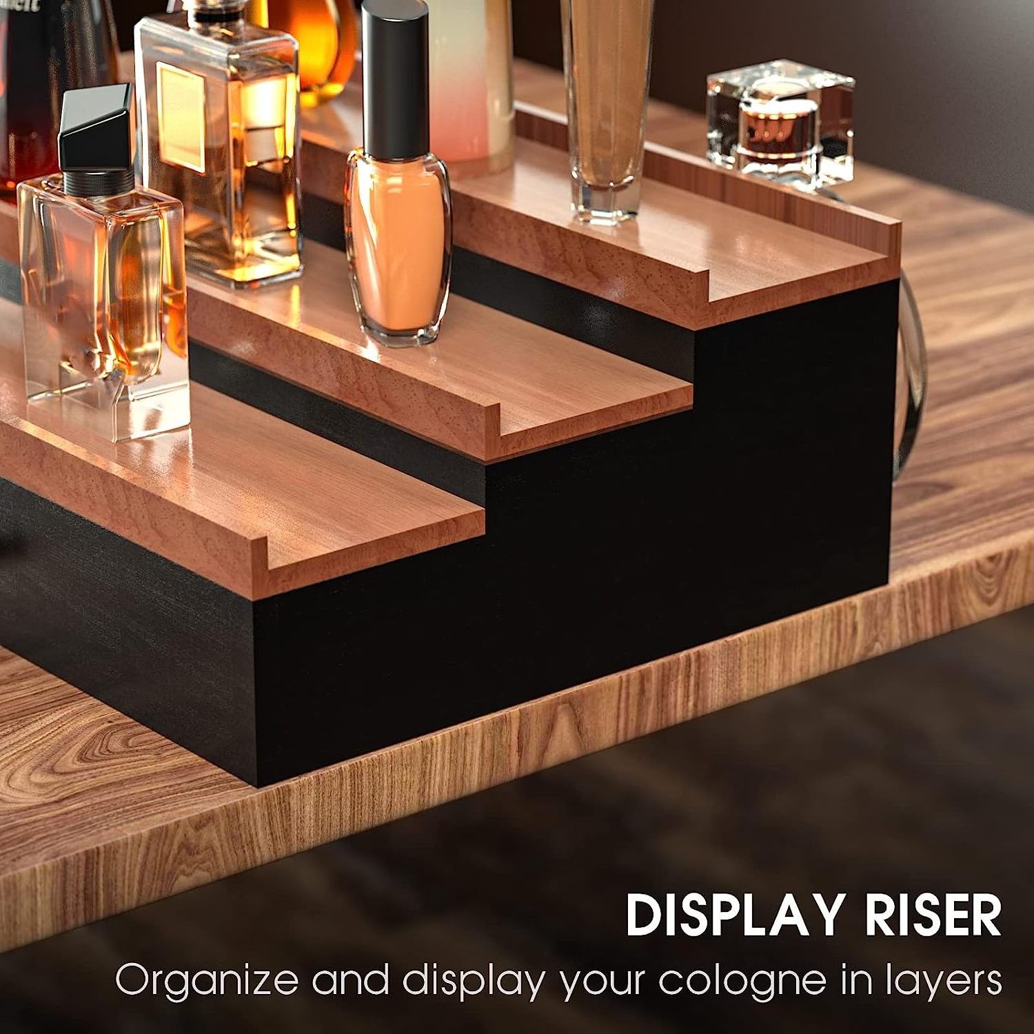 Custom bamboo elevated display shelf racks wooden cologne organizer for men 3 tier perfume organizer with drawer storage